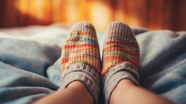 Een close-up van een baby's voeten gezellig in warme sokken rusten in een comfortabel bed