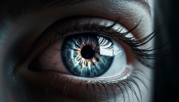 Een close-up van een blauw oog met het woord oog erop