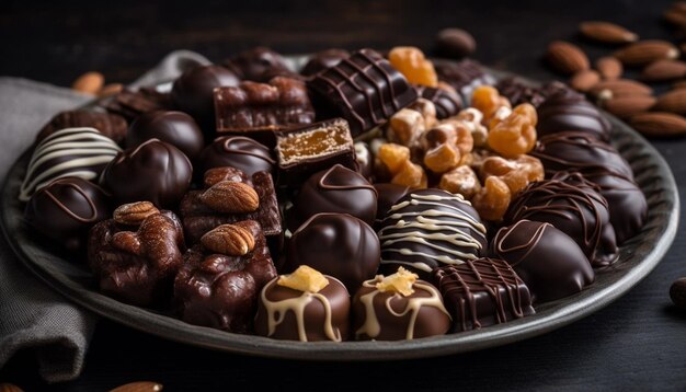Een close-up van een gourmet chocolade dessert op een houten tafel gegenereerd door kunstmatige intelligentie