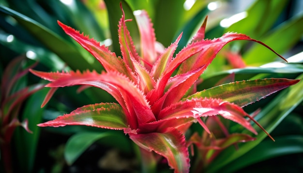 Een close-up van een plant met rode bladeren en het woord gaf op de top