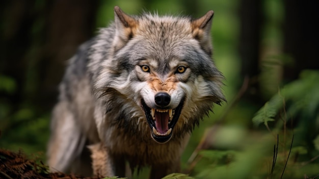 Een close-up van een woeste grijze wolf