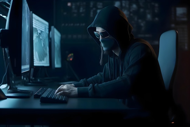 Een computerhacker met capuchon die data steelt uit een donkere kamer 's nachts.