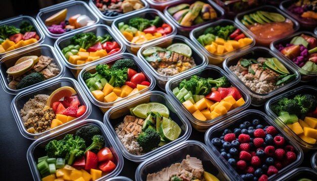 Een container voor het bereiden van maaltijden met verschillende soorten voedsel, waaronder broccoli, broccoli, bosbessen en mango.