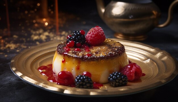 Een dessert met bramen en frambozen op een gouden plaat