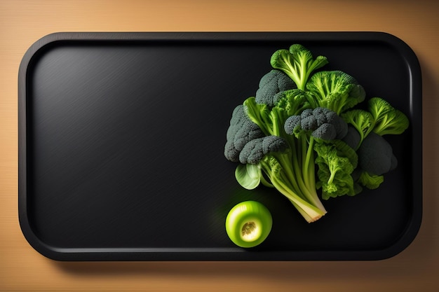 Een dienblad met broccoli en een appel erop