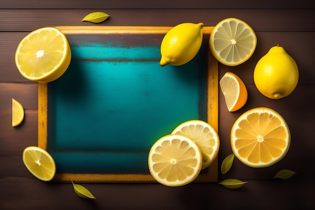 Een dienblad met citroenen en een paar citroenen op een donkere achtergrond