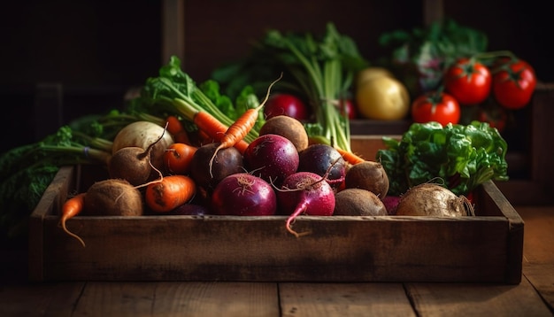 Een dienblad met groenten op een houten tafel