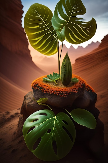 Een digitaal schilderij van een plant met een rots in het midden.