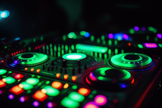 Gratis foto een dj's mixer met kleurrijke lampjes in het donker