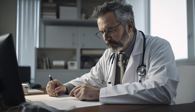 Een dokter zit aan een bureau en schrijft op een stuk papier.