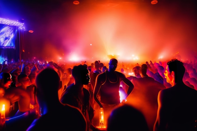 Gratis foto een donkere club met dansende mensen en een van de lichten brandt.