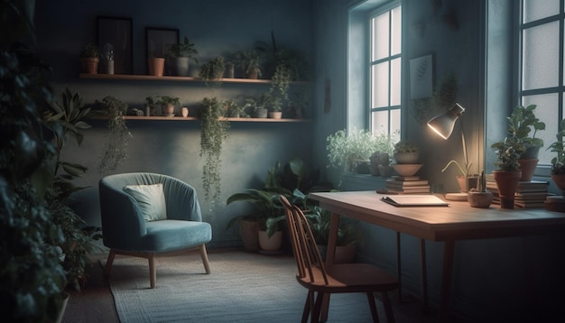 Gratis foto een donkere kamer met een bureau en een lamp met planten aan de muur.