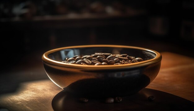 Een donkere koffiekop op een houten tafel verse cafeïne gegenereerd door kunstmatige intelligentie