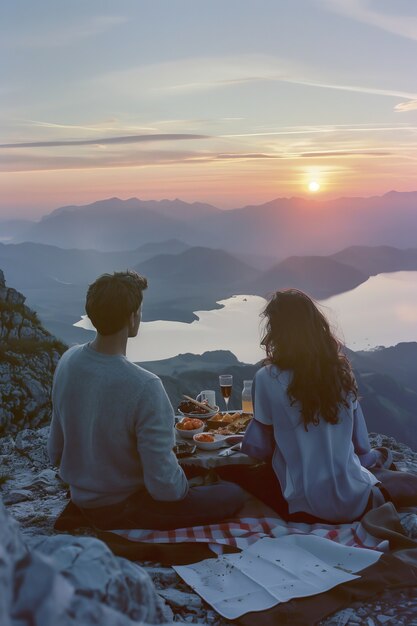 Een echtpaar geniet samen van een picknick in de open lucht in de zomer