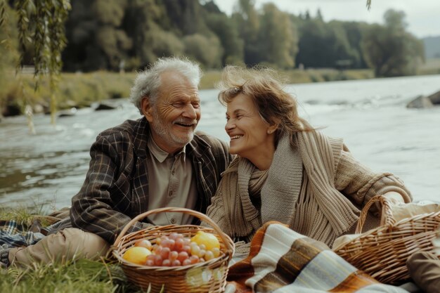 Een echtpaar geniet samen van een picknick in de open lucht in de zomer