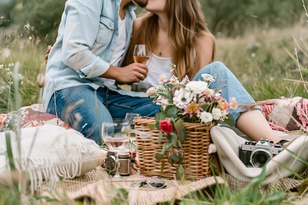 Een echtpaar geniet samen van een picknick in de open lucht in de zomer