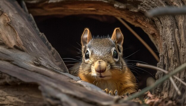 Een eekhoorn gluurt uit een boomstam.