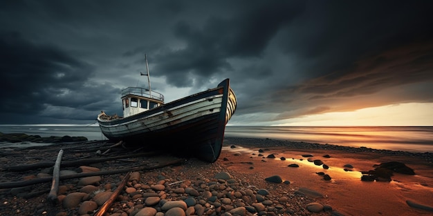 Gratis foto een eenzaam schip op droog land onder een stormachtige hemel