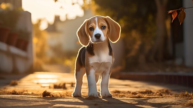 Een eenzame beagle wacht geduldig aan een leiband buiten