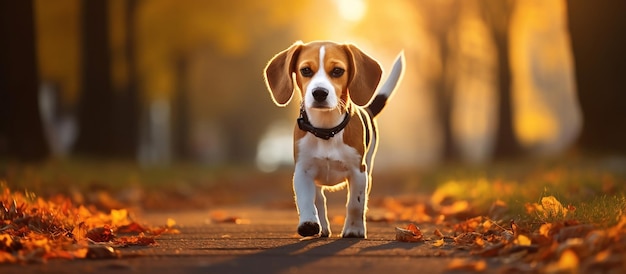 Gratis foto een eenzame beagle wacht geduldig aan een leiband buiten