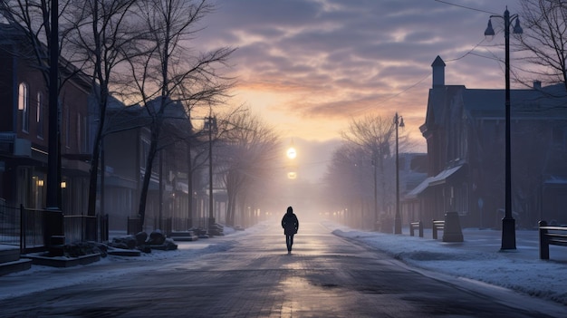 Een eenzame voetganger loopt bij dageraad rustig door de rustige straten van de stad