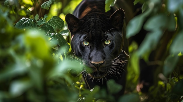 Gratis foto een elegante en behendige panter die met stijl en grasie door het dichte struikgewas ronddwaalt.