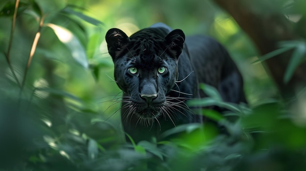 Gratis foto een elegante en behendige panter die met stijl en grasie door het dichte struikgewas ronddwaalt.