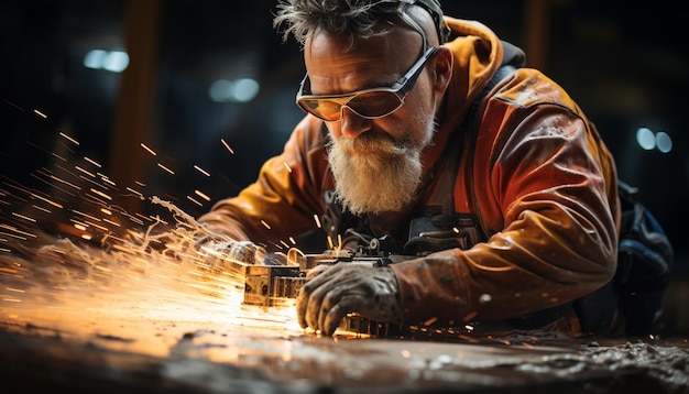 Een ervaren metaalbewerker in een fabriek last met een veiligheidsbril gegenereerd door kunstmatige intelligentie