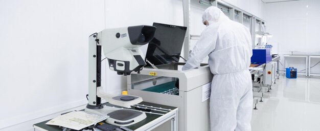 Een fabrieksarbeider in een witte laboratoriumpakken en gezichtsmaskers die met wat moderne apparatuur in een schone witte ruimte werkt, staat een elektronenmicroscoop op de voorgrond