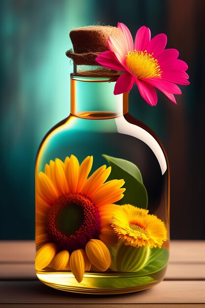 Een fles met bloemen en een bloem erop