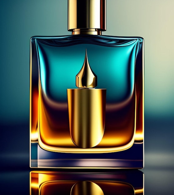 Een fles parfum met een blauw en oranje label waarop parfum staat