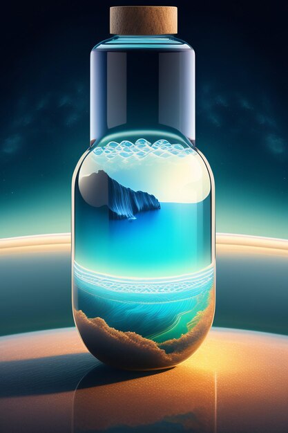 Een fles zee en oceaan met een afbeelding van een oceaan en een berg op de achtergrond.