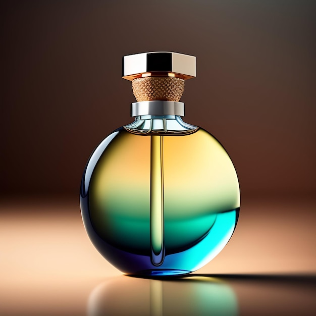 Een flesje parfum met een gouden dop en een blauw label.