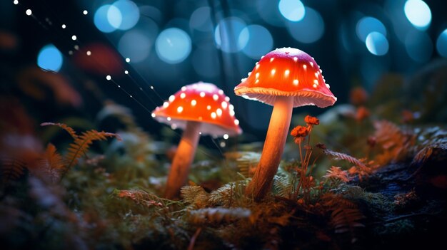 Een foto van amanita muscaria paddestoelen in neon stijl