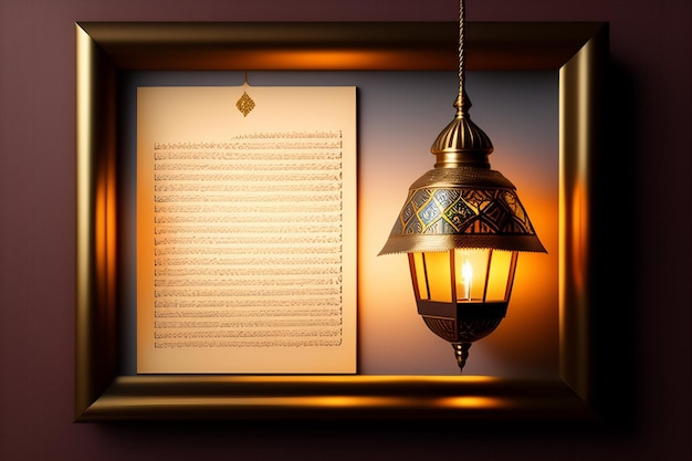 Gratis foto een fotolijstje met een lamp en een papiertje met het woord ramadan erop.