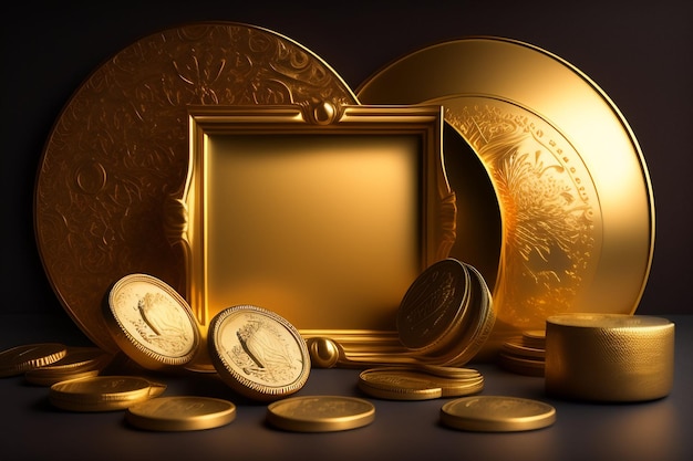Een fotolijstje met gouden munten en een afbeelding van een gouden munt