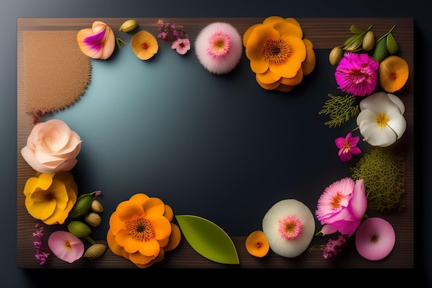 Gratis foto een frame van bloemen en fruit met een roze rand