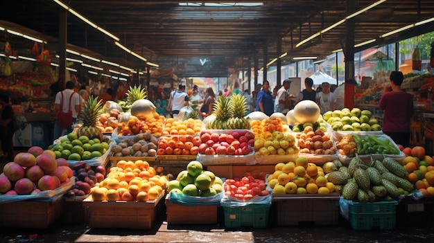 Gratis foto een fruitmarkt met kraampjes en klanten