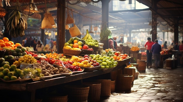 Gratis foto een fruitmarkt met kraampjes en klanten