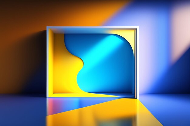 Een geel met blauwe doos met een blauw vierkant in het midden.
