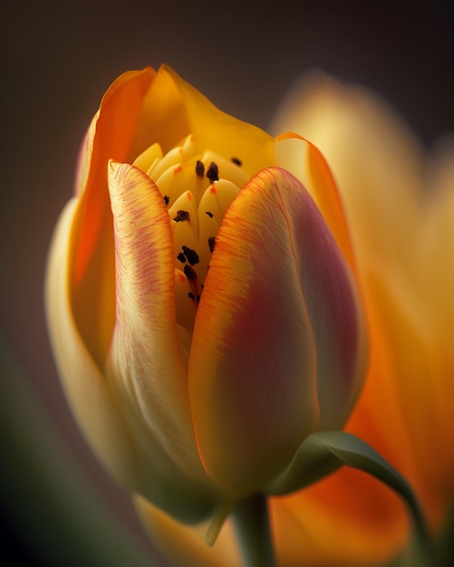 Een gele en oranje bloem met het woord tulpen erop