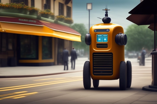 Gratis foto een gele robot rijdt door een straat.