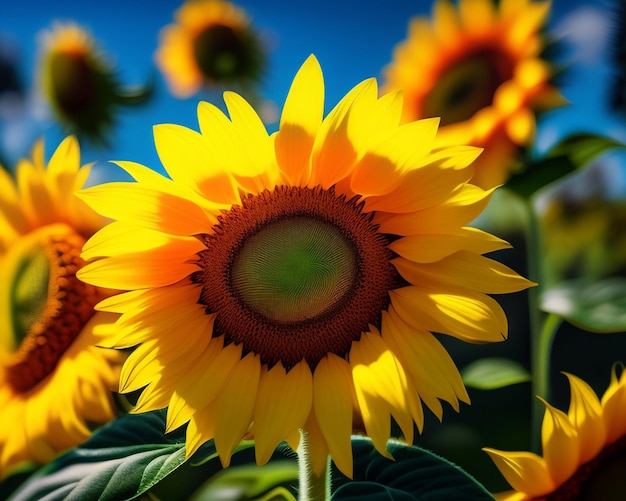 Gratis foto een gele zonnebloem met een rood hart wordt omringd door andere zonnebloemen.