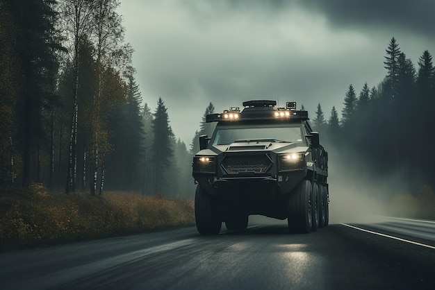 Een gepantserde vrachtwagen rijdt door het bos