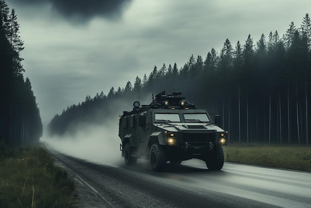 Een gepantserde vrachtwagen rijdt door het bos