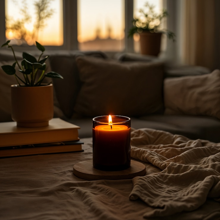 Gratis Foto een gezellige avond met een kaars, boeken en planten.