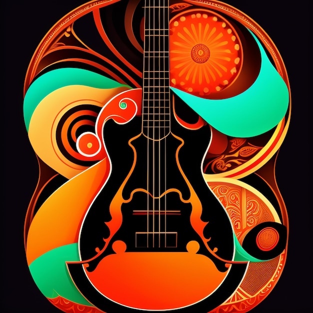Een gitaar met een patroon erop en het woord bas erop