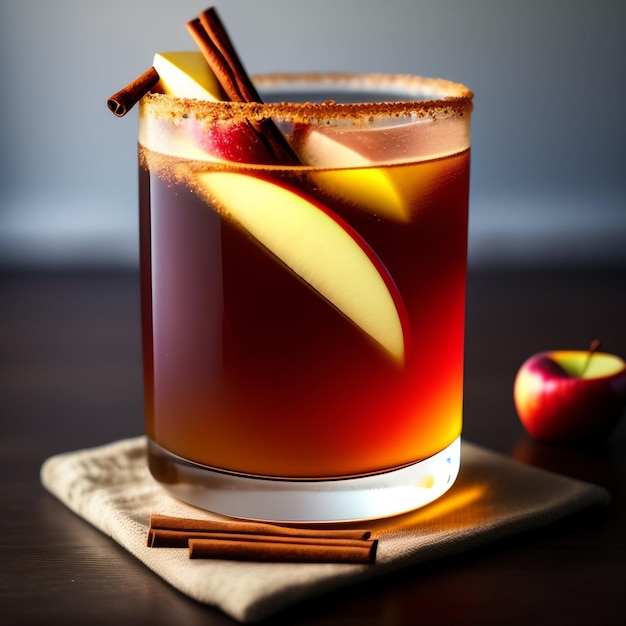 Gratis foto een glas appelcider met kaneelstokjes erop naast een rode appel.