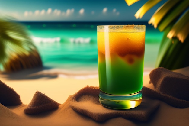 Een glas groen sap zit op een strand met een palmboom op de achtergrond.