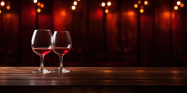 Gratis Foto een glas rode wijn steekt uit tegen een warm verlichte houten bar
